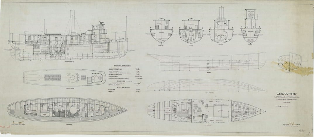 Drawing of cutter and lightship plans for the USS Guthrie