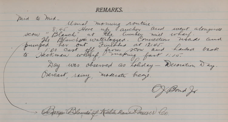 Logbook page from the USC & GSS McArthur showing the handwritten remarks page.