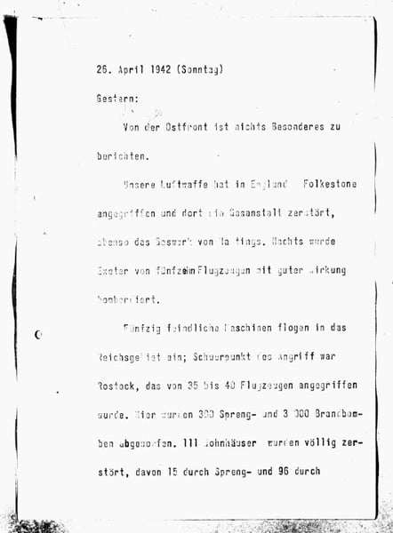 Typewritten and copied page from the diary of Joseph Paul Goebbels. The page is written in German.