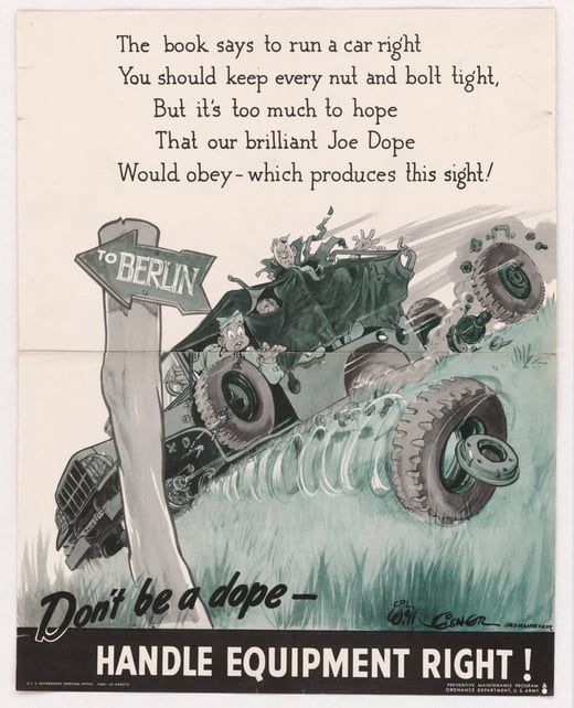 Color graphic poster of a military vehicle driving fast down a hill while the tires fall off. The poster reads: 