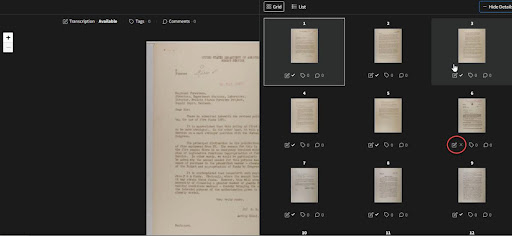 Screen capture from the Catalog showing the grid view of the individual thumbnails and if they have contributions.