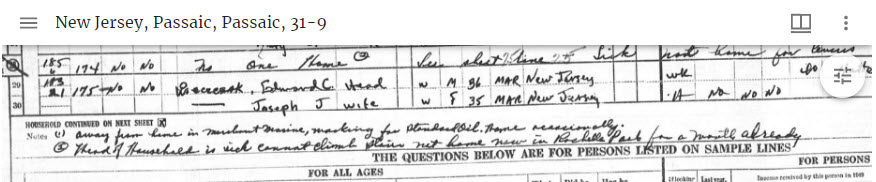 Screen capture of a population schedule from Passaic County, New Jersey, showing the notes field.