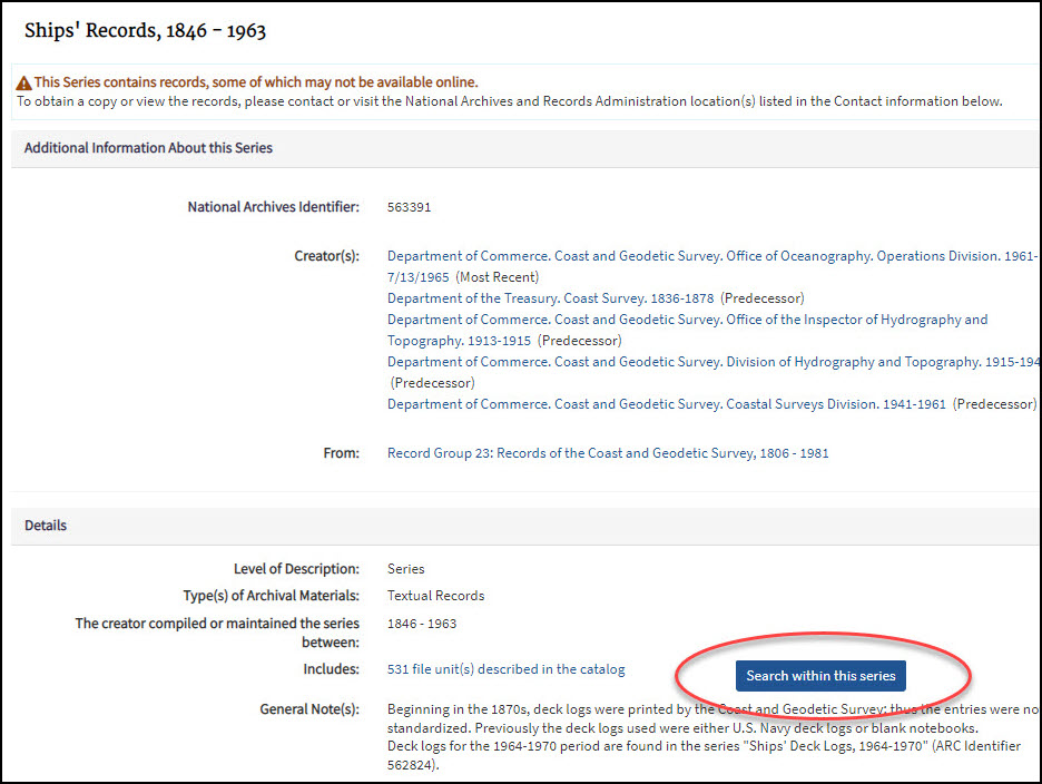 Screen capture of the Ships' Records description page, showing how to search within the series