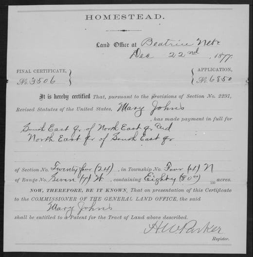 Beatrice Land Office (Nebraska), Homestead Final Certificate No. 3506 - Mary Johns, December 22, 1877
